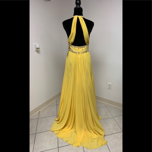 Sz 6-8 Mori Lee Bright Yellow Hi Neck Backless Prom Homecoming Formal Dress NWT - Picture 3 of 7